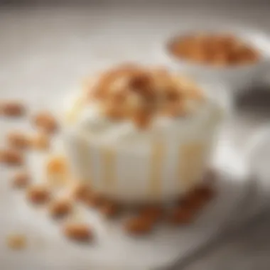 Artistic presentation of Fage 2 Greek yogurt topped with sliced almonds and honey drizzle