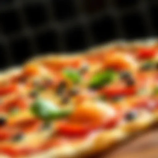 A close-up view of a perfectly baked thin pizza with fresh toppings