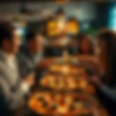 A group of friends enjoying thin pizza in a vibrant setting