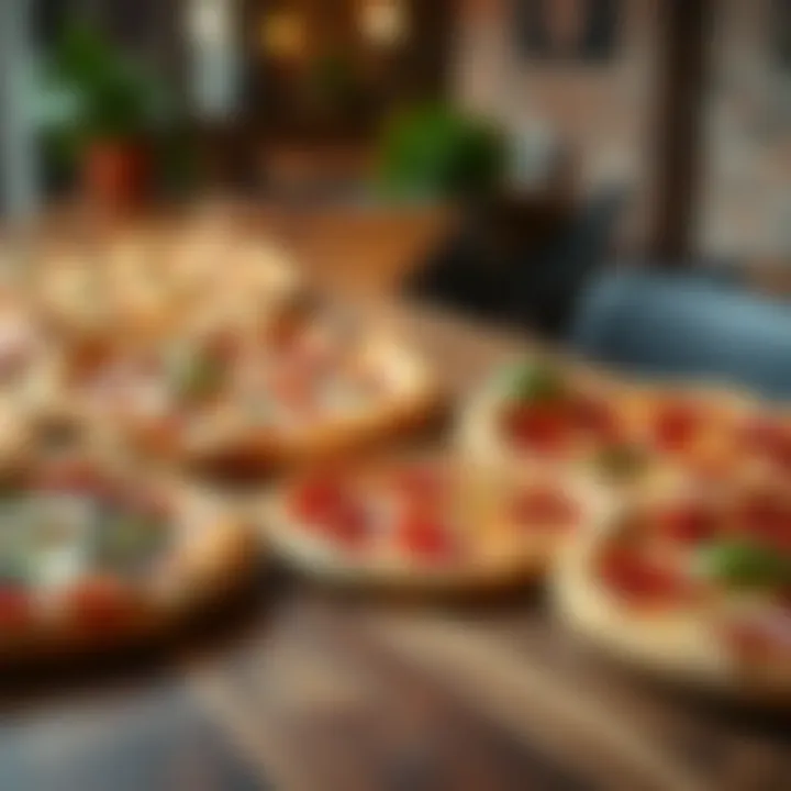 A variety of thin pizza styles displayed on a wooden table
