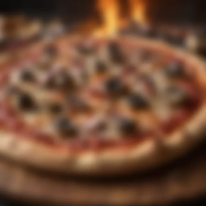 A beautifully baked pizza, perfectly charred, resting on a wooden peel.