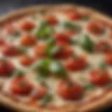 Artisanal Margherita Pizza Toppings Fresh basil leaves and ripe cherry tomatoes topping an artisanal Margherita pizza