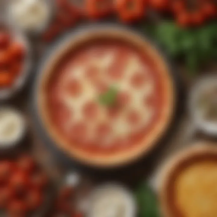 An array of fresh ingredients used in deep dish cheese pizza, including tomatoes, cheese, and herbs