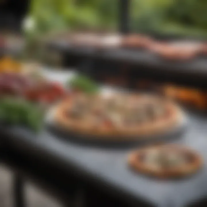 An assortment of fresh ingredients ideal for pizza making, displayed beside the Weber grill.