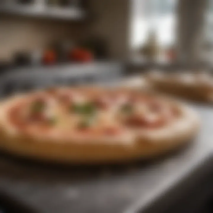 A close-up of freshly baked pizza dough in a professional kitchen