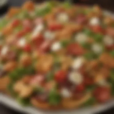 Close-up of a gourmet salad with pizza crust croutons