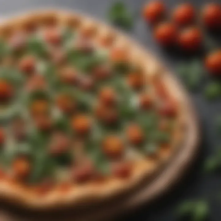 Gourmet gluten-free pizza adorned with fresh arugula and cherry tomatoes