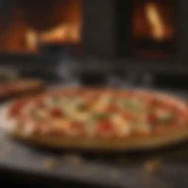 A golden-brown pizza on a pizza stone with heat emanating from the convection oven.