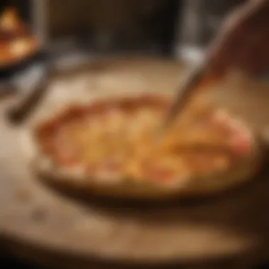 Golden crispy pizza crust being sliced