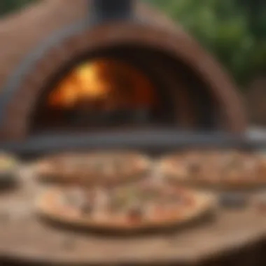 An assortment of gourmet pizzas ready to be placed inside an outdoor wood fire oven