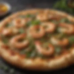 Gourmet shrimp pizza with pesto drizzle and arugula