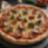 A Green Egg pizza stone with a freshly baked pizza atop it, showcasing the ideal crust.