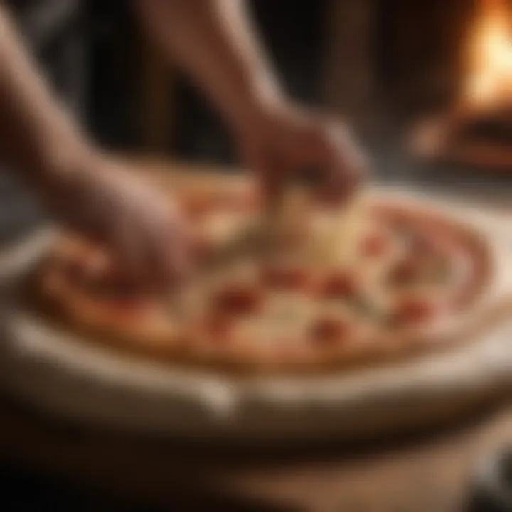 Hand-stretched pizza dough ready for wood-fired oven