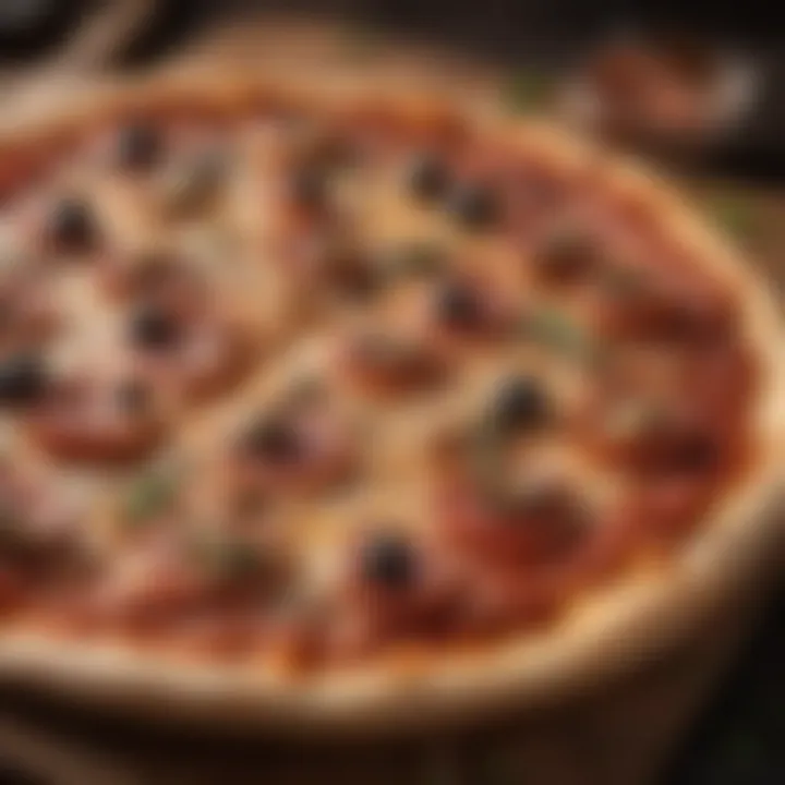 A perfectly cooked pizza on a rustic wooden board