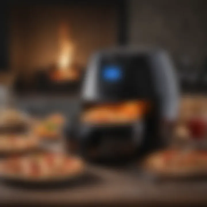 A vibrant air fryer with a frozen pizza placed inside