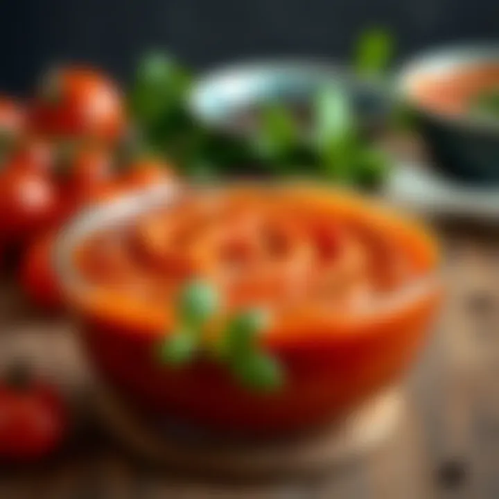 A homemade low carb pizza sauce in a bowl with herbs