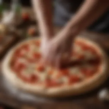 Delicious pizza dough being hand-stretched