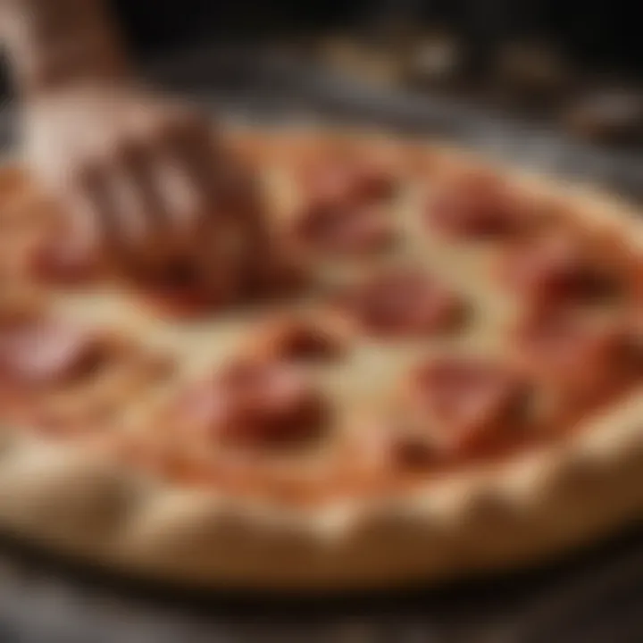 Homemade pizza dough being stretched delicately