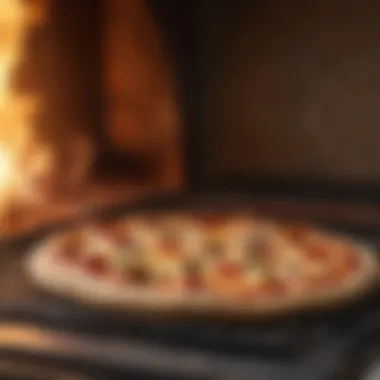 A close-up of pizza being placed into an oven, with flames visible