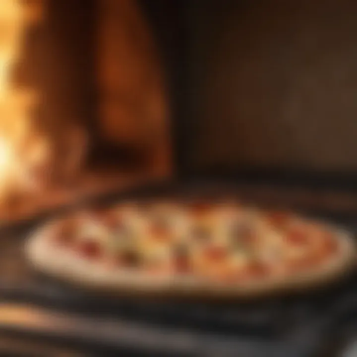 A close-up of pizza being placed into an oven, with flames visible