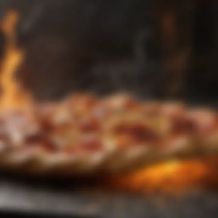 A pizza oven with smoke and flames enhancing flavor