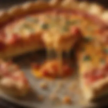 A close-up of a freshly baked deep-dish pizza with a golden crust