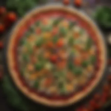 A beautifully displayed almond flour pizza crust, garnished with vibrant vegetables and herbs.