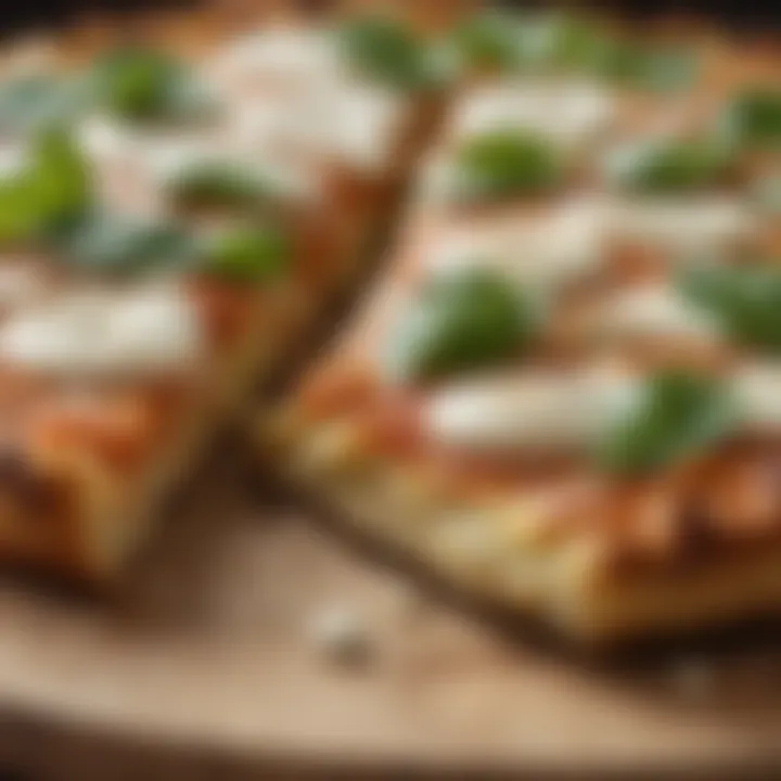 A close-up of a golden-brown cauliflower pizza crust topped with fresh basil and mozzarella cheese.