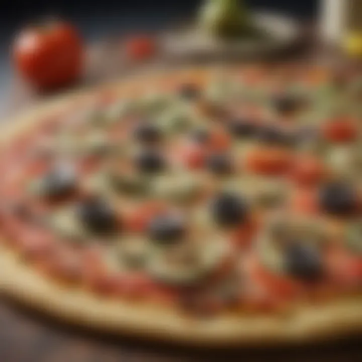 A creative zucchini pizza crust presented with a variety of toppings including tomatoes and olives.