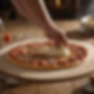 Circular pizza dough on a wooden surface