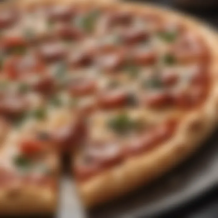 Close-up of a large metal pizza peel with pizza ingredients