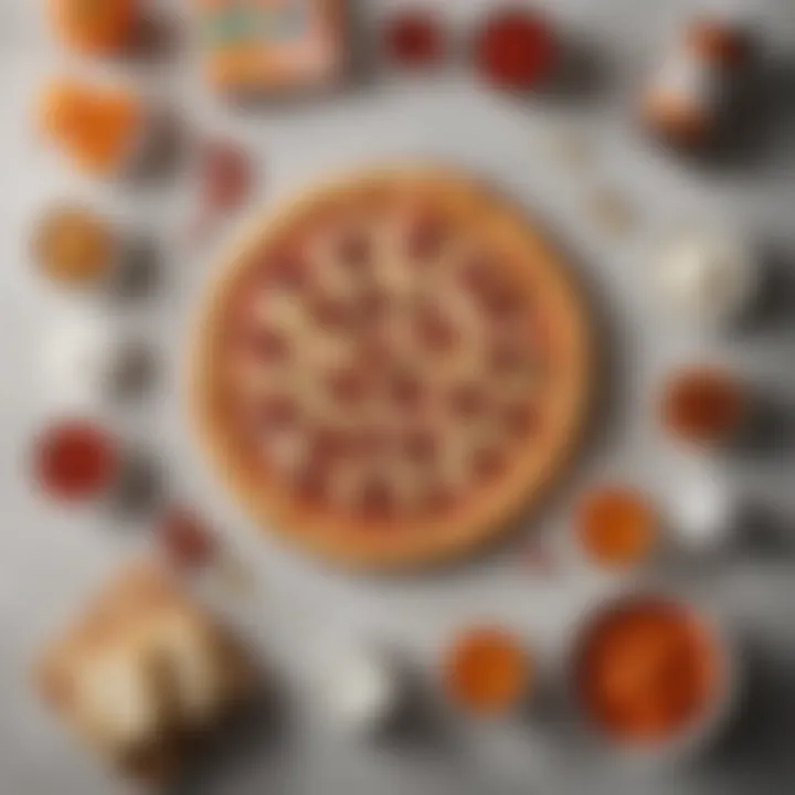 Ingredients for the Little Caesars Mini Pizza Kit An assortment of ingredients from the Little Caesars Mini Pizza Kit laid out on a countertop.