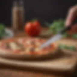 Sleek long blade pizza cutter on a wooden board