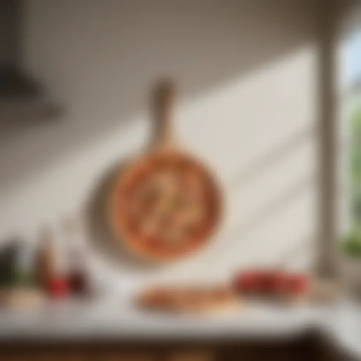 A well-maintained long handle pizza peel hanging on a kitchen wall