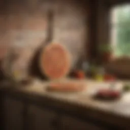 Pizza peel with wooden handle in a rustic kitchen setting