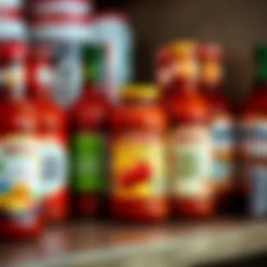 A variety of low carb pizza sauce jars on a kitchen shelf