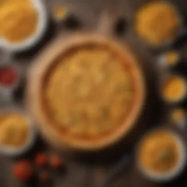 Whole Mac and Cheese Pizza Presentation An overhead view of a whole Mac and Cheese Pizza on a rustic wooden table