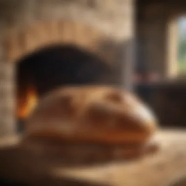 Masonry oven with steaming loaf of fresh bread