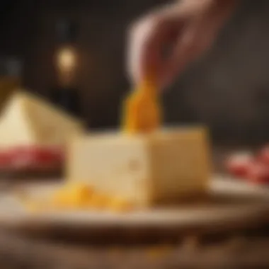 Skillfully crafted cheese wheel being sliced with a sharp knife