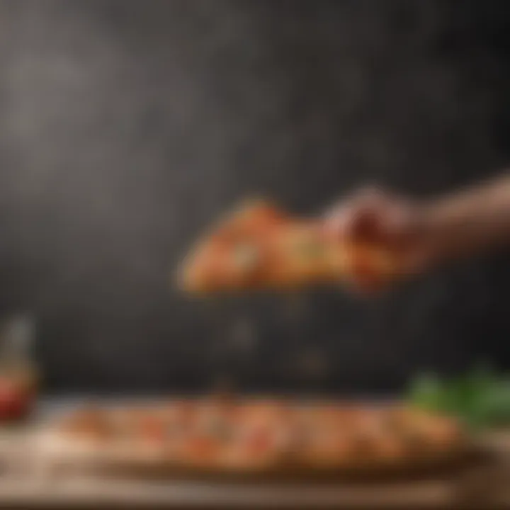 Golden-brown baked pizza being effortlessly slid off a pizza peel onto a cutting board