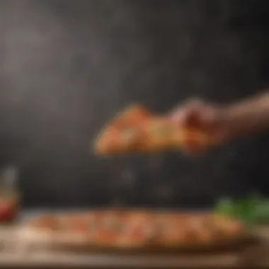 Transferring Baked Pizza from Peel Golden-brown baked pizza being effortlessly slid off a pizza peel onto a cutting board