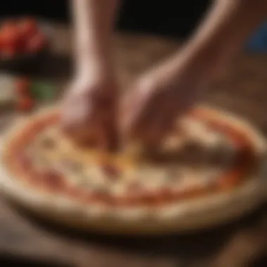 Close-up of a pizza dough being delicately placed on a wooden pizza peel