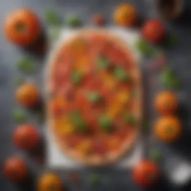 Selection of Finest Ingredients Fresh heirloom tomatoes and basil leaves on marble countertop