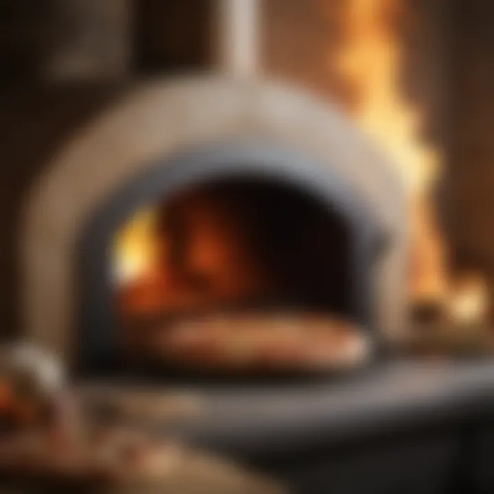 Wood-fired oven with blazing flames and pizza stone inside