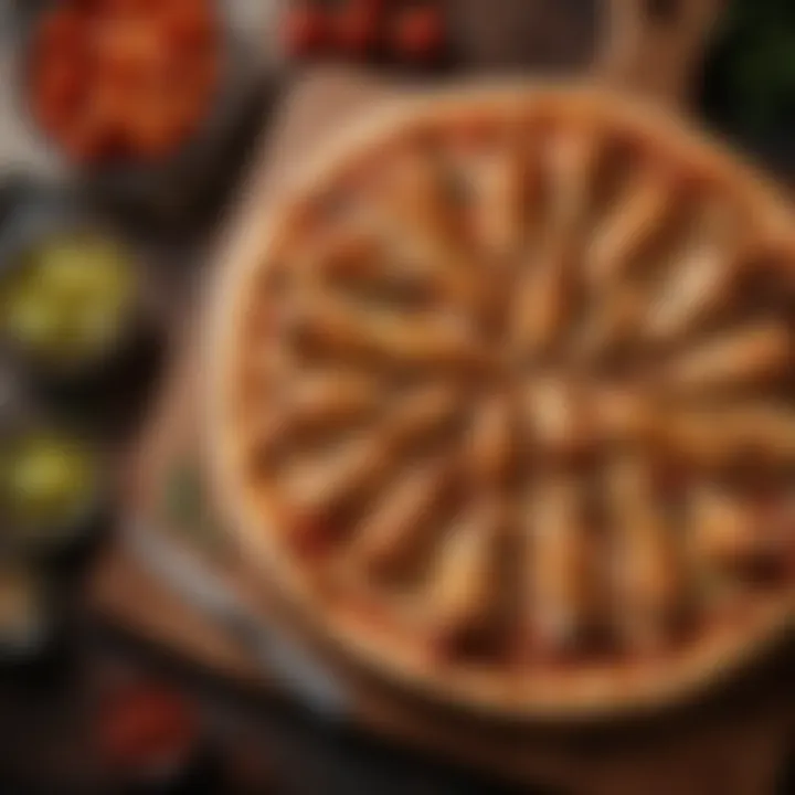 A vibrant presentation of chicken pizza on a wooden board