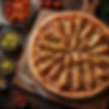 Stunning Presentation of Chicken Pizza A vibrant presentation of chicken pizza on a wooden board