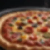 A close-up of a perfectly baked pizza with a golden crust and vibrant toppings.