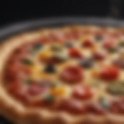 A close-up of a perfectly baked pizza with a golden crust and vibrant toppings.