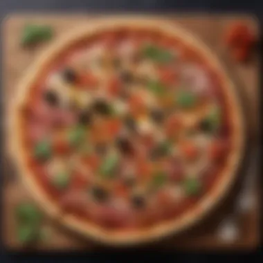 A beautifully styled pizza on a wooden board, showcasing diverse toppings.
