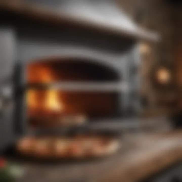 An inviting pizza oven with flames, emphasizing a rustic cooking atmosphere.